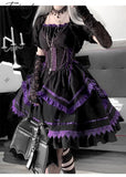 Tavimart French Romantic Style Jsk Lolita Cosplay Sweet Girls Gothic Vintage Princess Dark Helloween Tunic Bowknot Backless Ruffle Dress