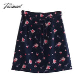 Tavimart French Style Fashion Indie Folk Floral Print Skirts Elegant Belt A - Line Women Black / S