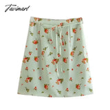 Tavimart French Style Fashion Indie Folk Floral Print Skirts Elegant Belt A - Line Women Green / S