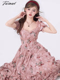 Tavimart French Style Holiday Floral Long Dress Vintage Slash Neck Puff Sleeve Maxi Dresses For