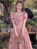 Tavimart French Style Holiday Floral Long Dress Vintage Slash Neck Puff Sleeve Maxi Dresses For