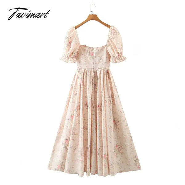 Tavimart French Vintage Print Floral Dress Women Sweet Elegant Evening Party Midi Dresses Female Puff Sleeve Retro Sexy Dress Autumn