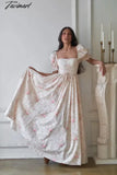 Tavimart French Style Indie Folk Retro Floral Print Dress Square Collar Fashion Party Women