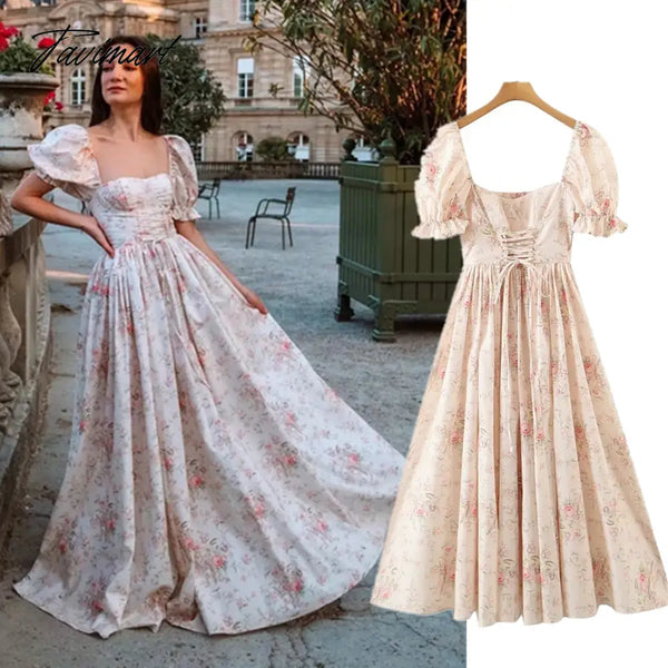 Tavimart Print Square Collar Chiffon Mini Dress Women French Style Indie Folk Green Floral Dress