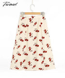 Tavimart French Style Vintage Fashion Floral Print Skirt Single Breasted High Waist A - Line Midi