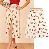 Tavimart French Style Vintage Fashion Floral Print Skirt Single Breasted High Waist A-line Midi Skirts Women