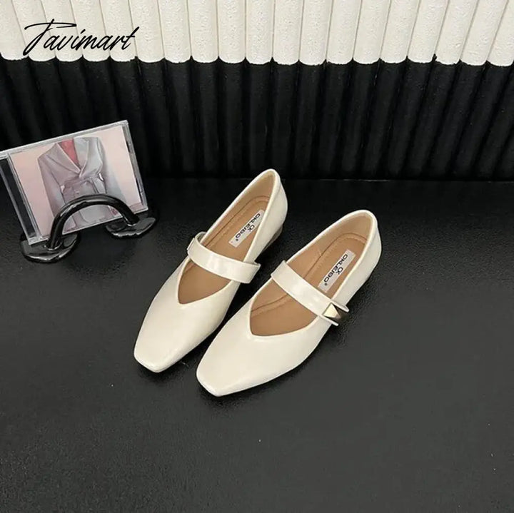 Tavimart - French Style Women Flat Women’s Square Toe Retro Single Shoes One Word Buckle Mary