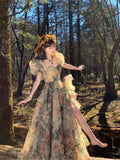 Tavimart - French Vintage Floral Long Dress Women Organza Elegant Casual Party Fairy Ruffles
