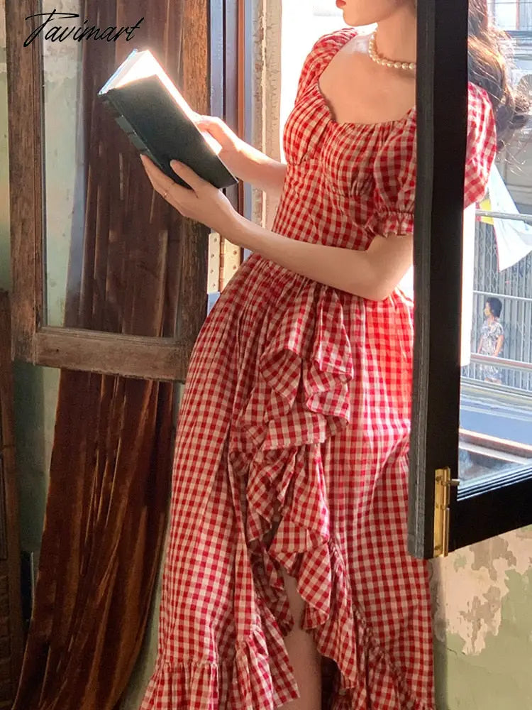 Tavimart French Vintage Plaid Dresses Summer Puff Sleeve Square Collar