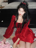 Tavimart French Vintage Red Velvet Mini Dress Women Lantern Sleeves Square Collar Autumn Spring Y2K