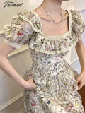 Tavimart French Vintage Ruffles Puffle Sleeve Dress Summer Princess Palace Evening Party Birthday