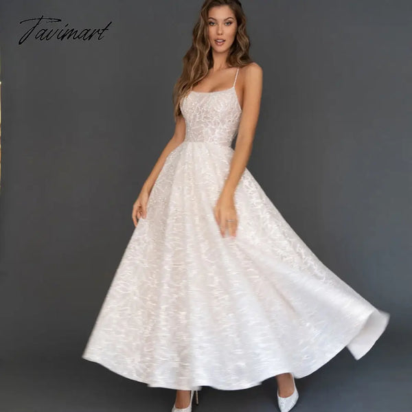 Tavimart Glitter A Line Wedding Dresses Spaghetti Straps Sleeveless Ankle Length Bridal Gowns Robe