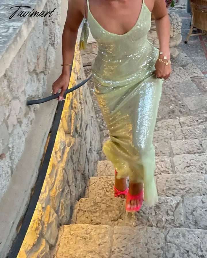 Tavimart Glitter Backless Dress Women Fashion Spaghetti Strap Sequins Long High Slit Elegant Luxury