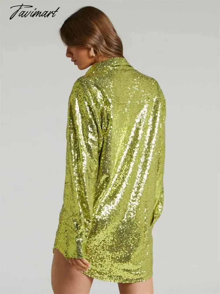 Tavimart Glitter Sexy Female Shirts High Street Fashion Long Sleeve Sequin Club Outfit Party Gown