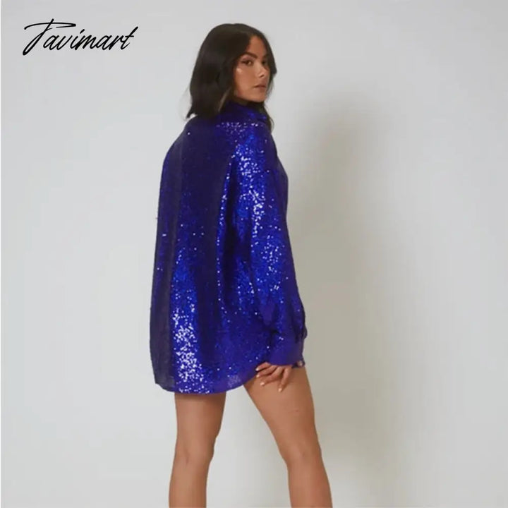 Tavimart Glitter Sexy Female Shirts High Street Fashion Long Sleeve Sequin Club Outfit Party Gown