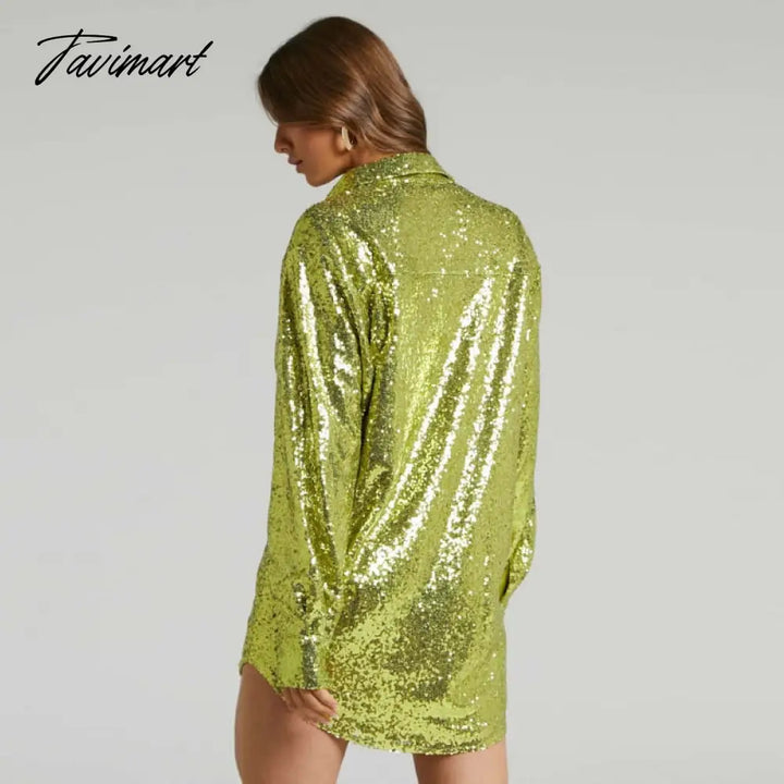 Tavimart Glitter Sexy Female Shirts High Street Fashion Long Sleeve Sequin Club Outfit Party Gown