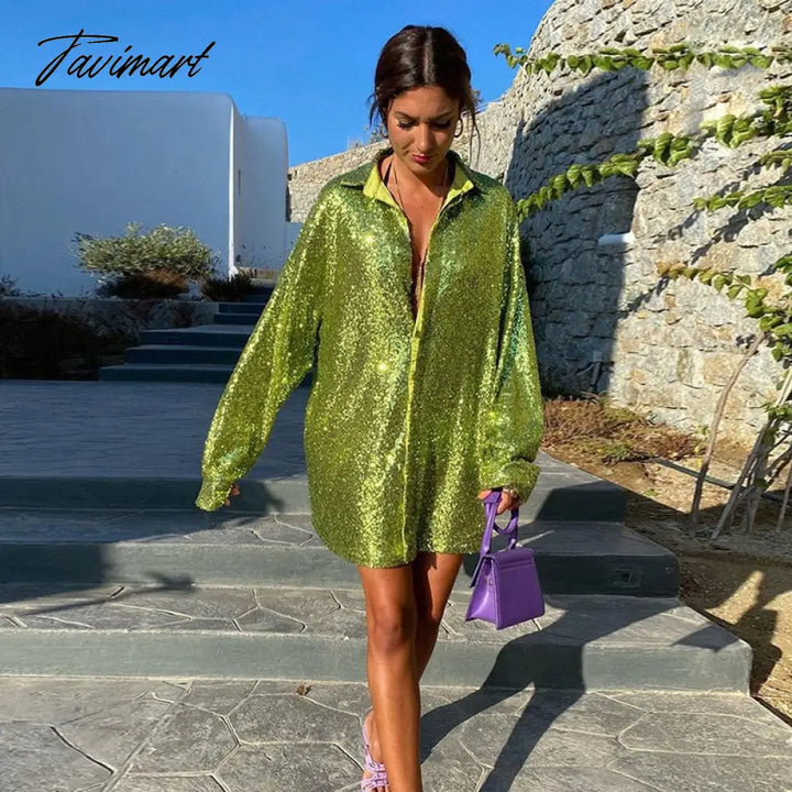 Tavimart Glitter Sexy Female Shirts High Street Fashion Long Sleeve Sequin Club Outfit Party Gown