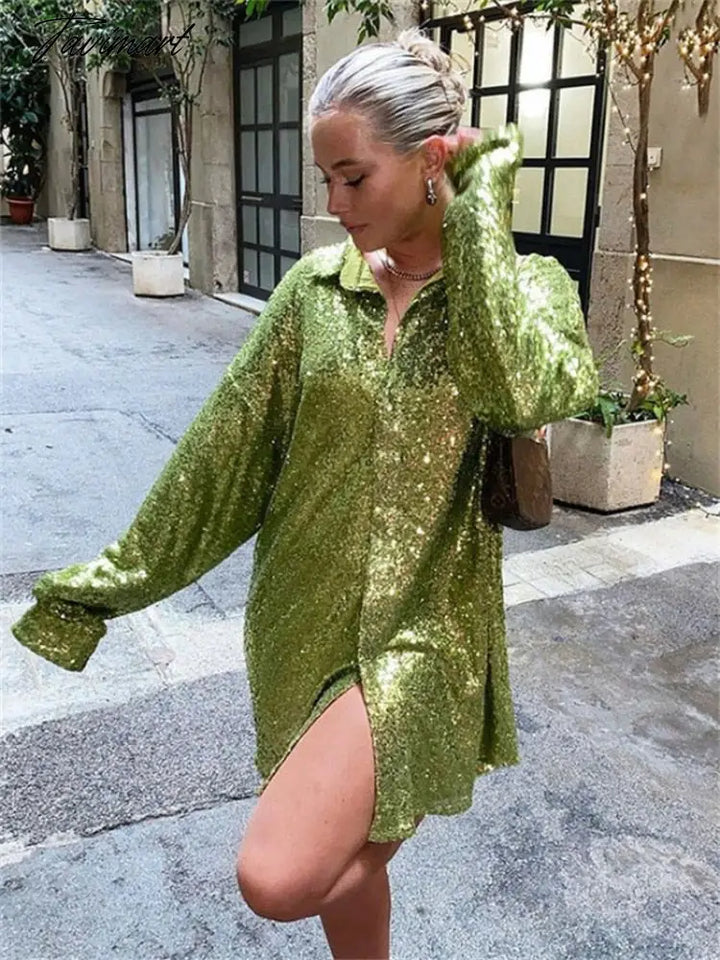 Tavimart Glitter Sexy Female Shirts High Street Fashion Long Sleeve Sequin Club Outfit Party Gown