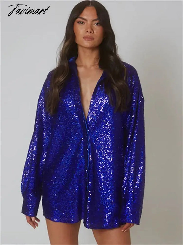 Tavimart Glitter Sexy Female Shirts High Street Fashion Long Sleeve Sequin Club Outfit Party Gown