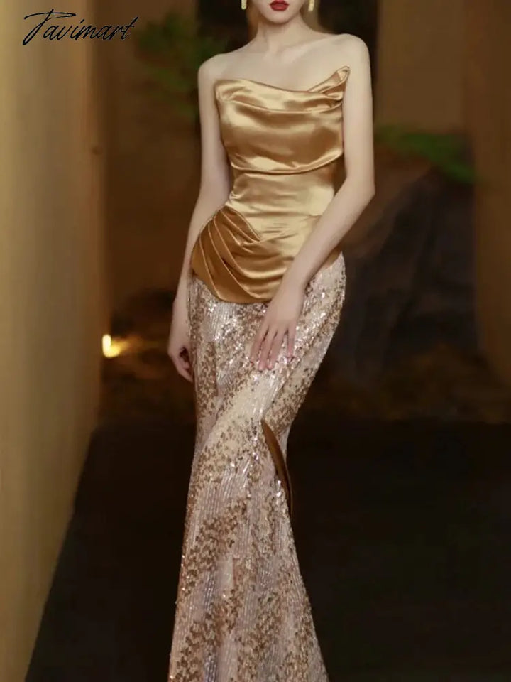 Tavimart Golden Tube Evening Dress Strapless Temperament Trumpet Stain Sequined Patchwork Wedding