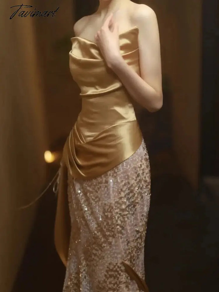 Tavimart Golden Tube Evening Dress Strapless Temperament Trumpet Stain Sequined Patchwork Wedding