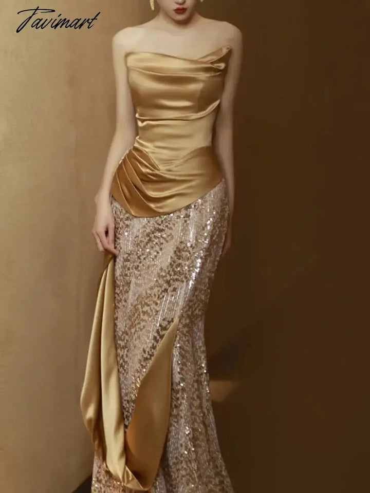 Tavimart Golden Tube Evening Dress Strapless Temperament Trumpet Stain Sequined Patchwork Wedding