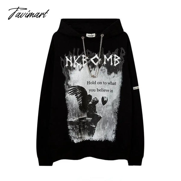 Tavimart Gothic Angel Print Oversize Chain Hoddie Women Punk Streetwear Harajuku Hip Hop Sweatshirt