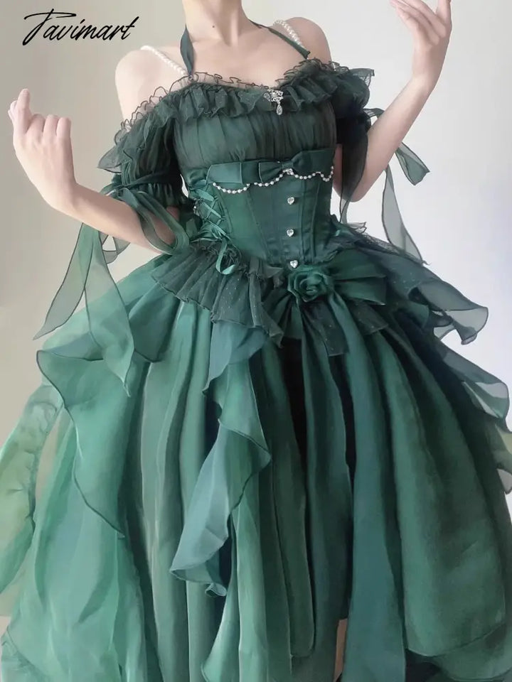 Tavimart - Green Flower Wedding Dress Lolita Op Heavy Industry Trail Puffy Princess