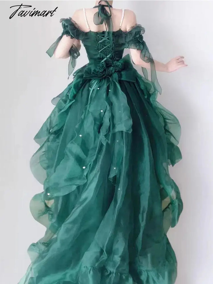 Tavimart - Green Flower Wedding Dress Lolita Op Heavy Industry Trail Puffy Princess