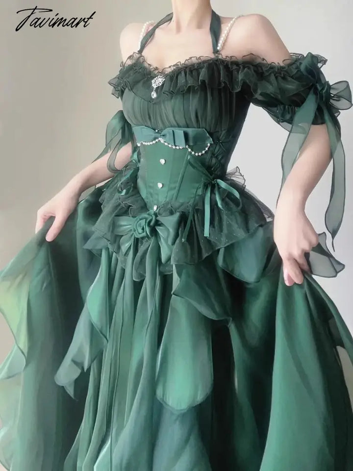 Tavimart - Green Flower Wedding Dress Lolita Op Heavy Industry Trail Puffy Princess