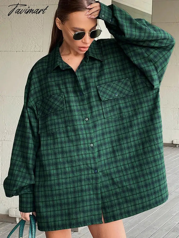 Tavimart Green Oversized Shirts Women Street Dropped Shoulder Plaid Blouses Double Pockets Casual