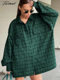 Tavimart Green Oversized Shirts Women Street Dropped Shoulder Plaid Blouses Double Pockets Casual Loose Tops Long Sleeve Shirts Shacket
