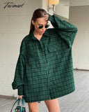 Tavimart Green Oversized Shirts Women Street Dropped Shoulder Plaid Blouses Double Pockets Casual