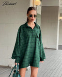 Tavimart Green Oversized Shirts Women Street Dropped Shoulder Plaid Blouses Double Pockets Casual
