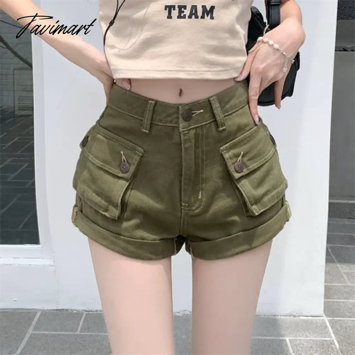 Tavimart Green Pocket Cargo Shorts Women Retro High Waist A - Line Y2K Hot Girl Pants Fashion