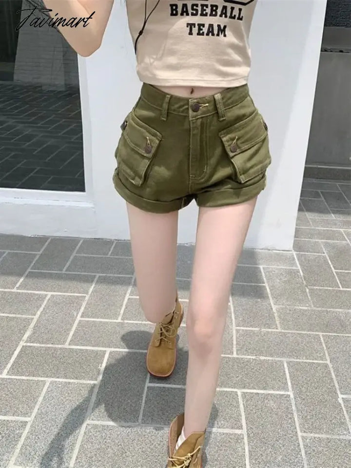 Tavimart Green Pocket Cargo Shorts Women Retro High Waist A - Line Y2K Hot Girl Pants Fashion