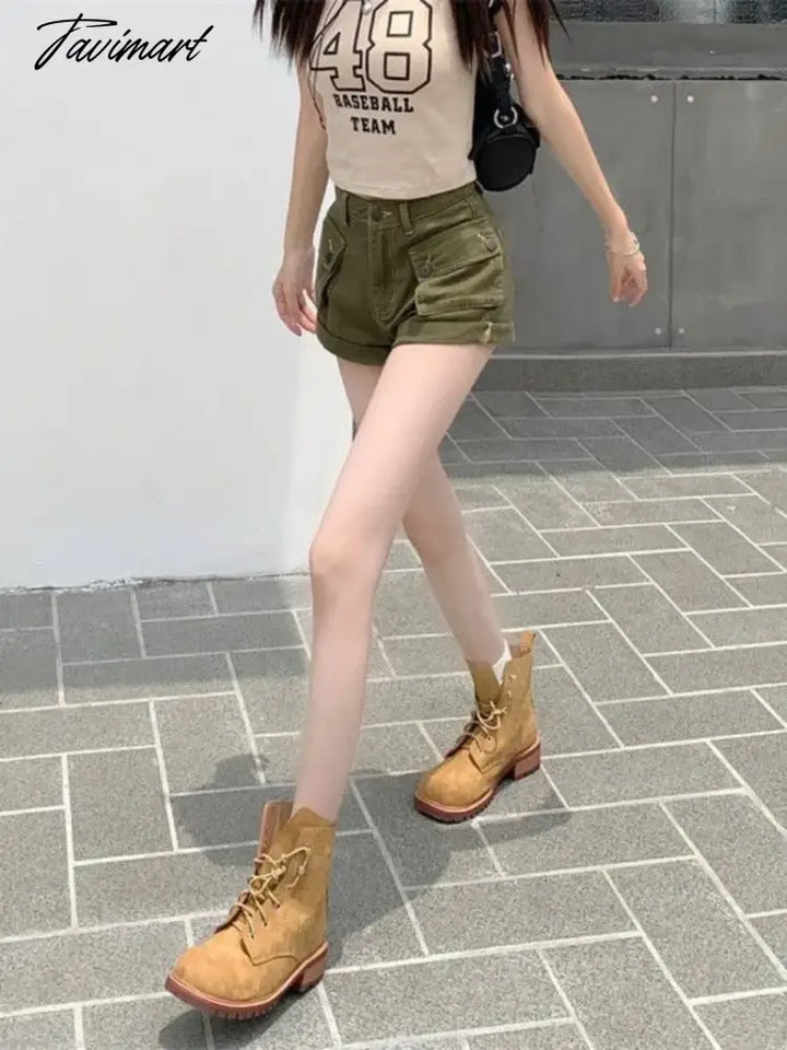 Tavimart Green Pocket Cargo Shorts Women Retro High Waist A - Line Y2K Hot Girl Pants Fashion