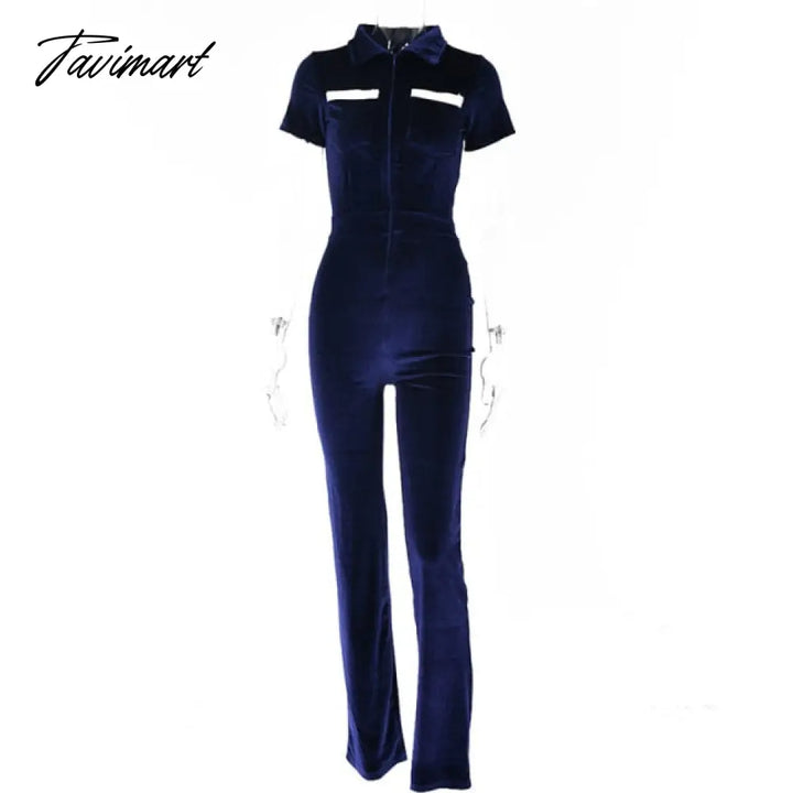 Tavimart Green Zipper Velvet Jumpsuits For Women Sexy Short Sleeve Wide Legs Jumpsuit Autumn Femme