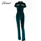 Tavimart Green Zipper Velvet Jumpsuits For Women Sexy Short Sleeve Wide Legs Jumpsuit Autumn Femme