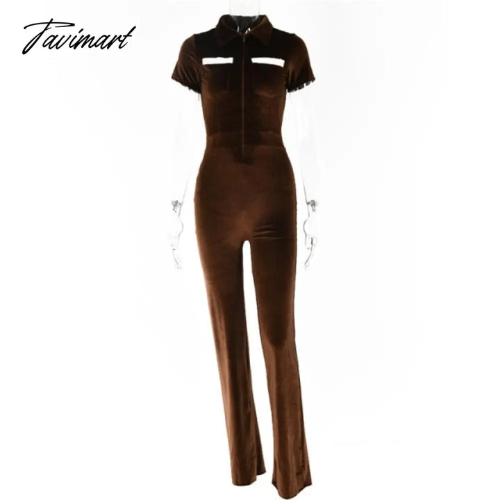 Tavimart Green Zipper Velvet Jumpsuits For Women Sexy Short Sleeve Wide Legs Jumpsuit Autumn Femme