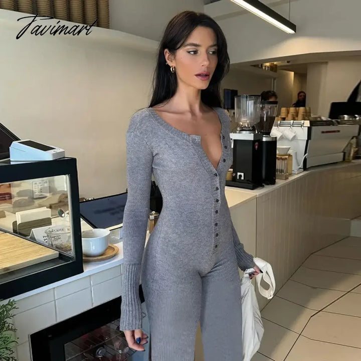 Tavimart - Grey Black One Piece Knit Stretch Jumpsuit Button Up Long Sleeve Bodycon Romper Comfy