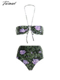 Tavimart Halter Print Bikini Sets And Coverups Swimsuit Two Pieces Luxury Shorts Bourkini Tankini