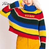 Tavimart Harjuku Contrast Stripes Roll Turtle Neck Knitted Jumper Turtleneck Sweater With