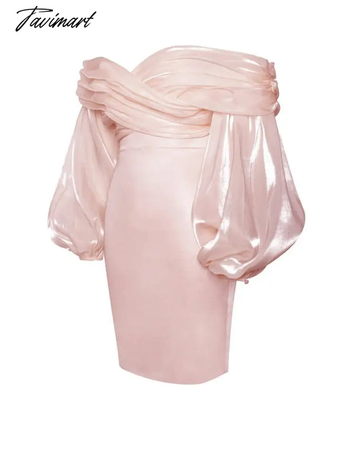 Tavimart High Quality Celebrity Pink White Mesh Puff Sleeve Off The Shoulder Bodycon Dress Elegant
