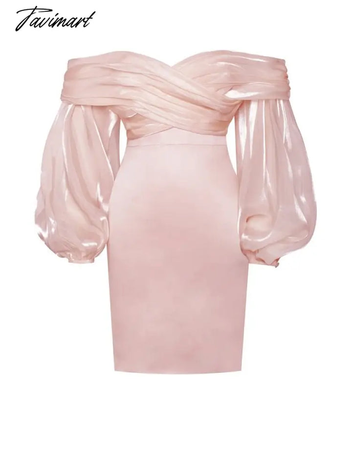 Tavimart High Quality Celebrity Pink White Mesh Puff Sleeve Off The Shoulder Bodycon Dress Elegant