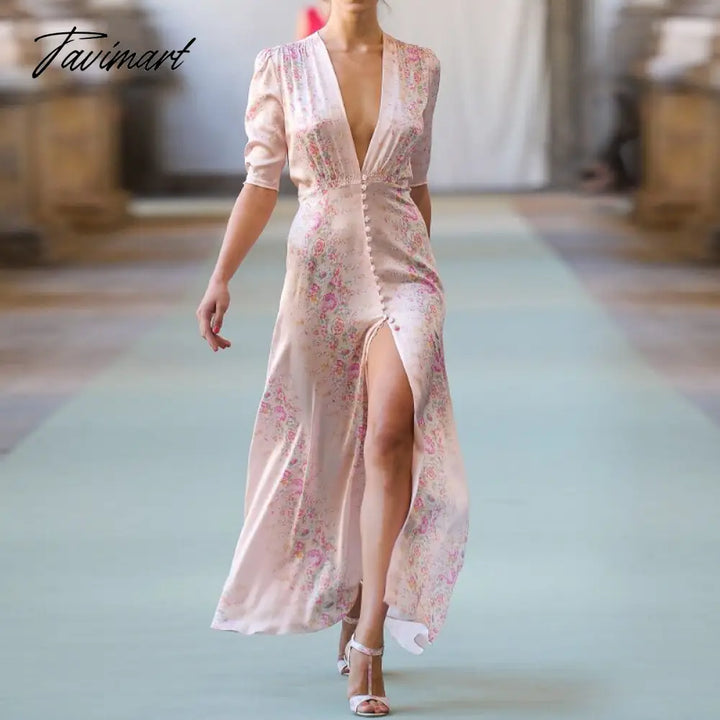 Tavimart High Quality Runway Designer Dress Women Elegant V - Neck Pink Floral Printed Maxi Summer