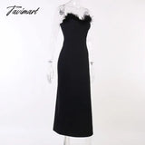 Tavimart High Street Bodycon Strapless Dress Sexy Feather V - Neck Backless Party Long Dresses