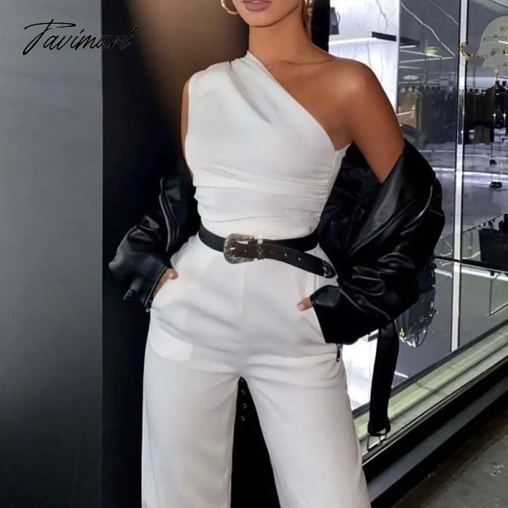 Tavimart High Street Slim Solid Jumpsuits Women Sexy Skew Collar Backless Jumpsuit Spring Summer