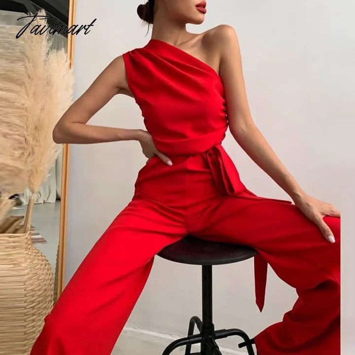 Tavimart High Street Slim Solid Jumpsuits Women Sexy Skew Collar Backless Jumpsuit Spring Summer