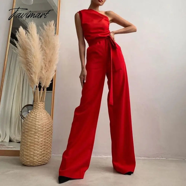 Tavimart High Street Slim Solid Jumpsuits Women Sexy Skew Collar Backless Jumpsuit Spring Summer